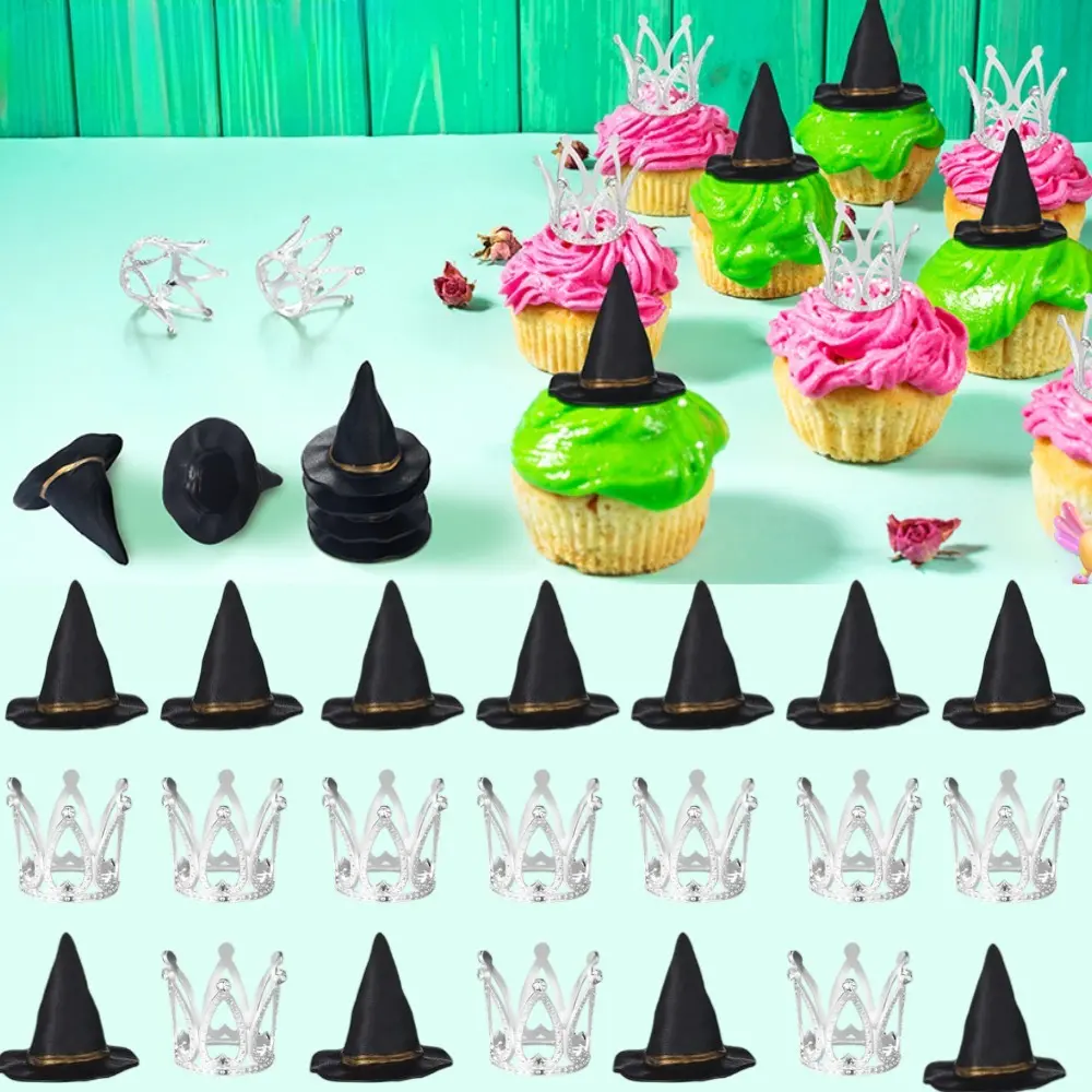 24 Pcs Silvery Crown Witch Cupcake Toppers Theme Cupcake Picks for Halloween Christmas Wizard Witch Birthday Anniversary Party Cake Decorations Supplies DIY Cake Decoration