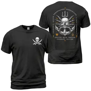 Combat Diver T-Shirt, Underwater Operations Skull Anchor Back Print Tee, Scuba Diving Tactical Ocean Graphic Shirt, Risk Taker Adventure Style, Casual Cotton for Men and Women