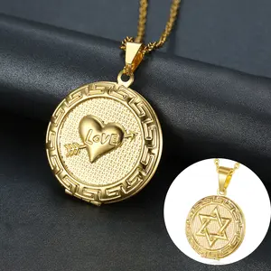 Retro Creative Cupid's Arrow Hexagonal Star Circular Pendant Necklace - Stainless Steel Photo-Holding Commemorative Jewelry, Christmas Gift Accessory, Stainless Steel Jewelry