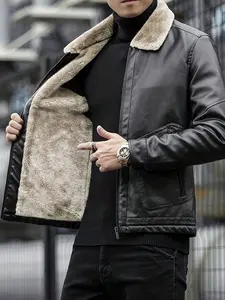 Men's Thickened Fleece Lined Leather Fitted Plain Short Jacket Coat, Warm Autumn Winter Outerwear, Stylish Casual Wear for Cold Weather