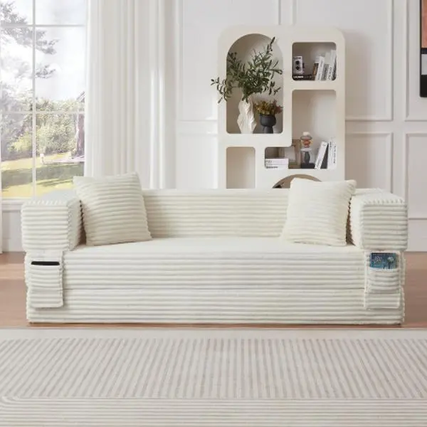 78" Futon Folding Sofa Bed, 4-in-1 Boneless Couches for Living Room, Oversized Comfort Corduroy Upholstered Sofa Sleeper for Small Space Bedroom Lounge, Studio Apartment Essentials, White