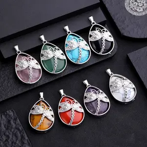 5Pcs of Natural Stone Droplet Shaped Inlaid Dragonfly Pendant Necklace Set, equipped with Black Artificial Leather Necklace, Bohemian Style, quartz Imitation Gemstone Jewelry, used for DIY Necklace, bracelet and Earring Making
