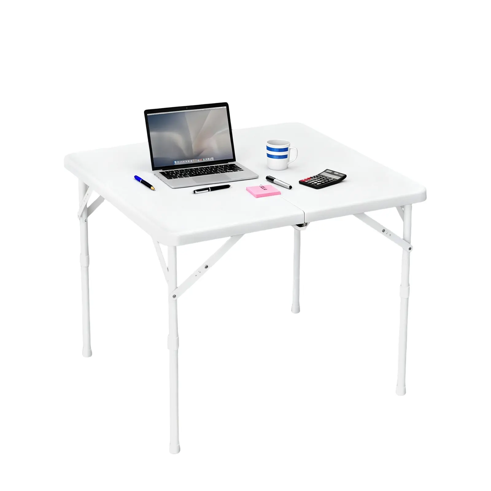 Adjustable Height Folding Computer Desk – 34" Square Portable Card Table with Handle – Heavy Duty HDPE Tabletop & Sturdy Metal Frame – Fold-in-Half Design for Office, Home, Camping, Parties