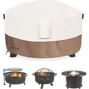Firepit Covers Round, Outdoor Heavy Duty Durable 600D -Resistant   42-44 Inch Fire Pit Cover, Patio Weatherproof Fire Table Protector, Beige 44"x24"