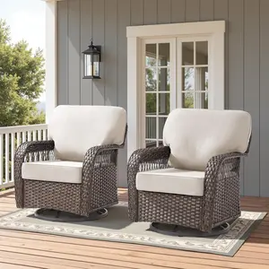 Patio Furniture Sets, 2 PCS Wicker Outdoor Furniture - Patio Swivel Rocking Chairs with All-Weather Olefin Cushions for Garden, Porch, Backyard, Beige/Brown Wicker