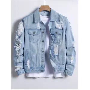 Street fashion men's denim jacket trendy brand high street loose hole simple versatile men's jacket