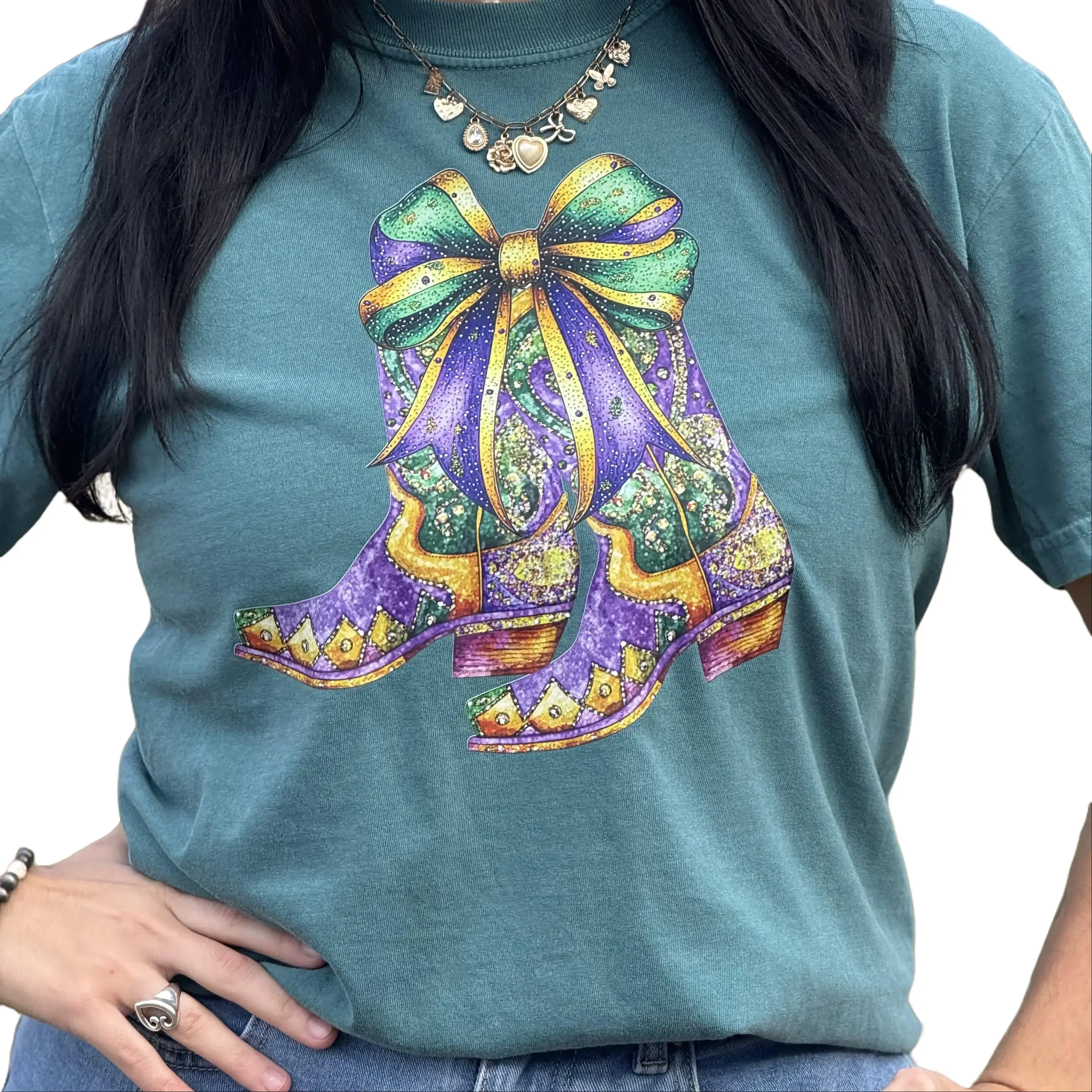 Envy Stylz Boutique Women's Round Neck Short-Sleeve Streetwear Style Top - 100% Cotton DTF Printed Unisex Fit Mardi Gras Boots Graphic Tee for Celebrations