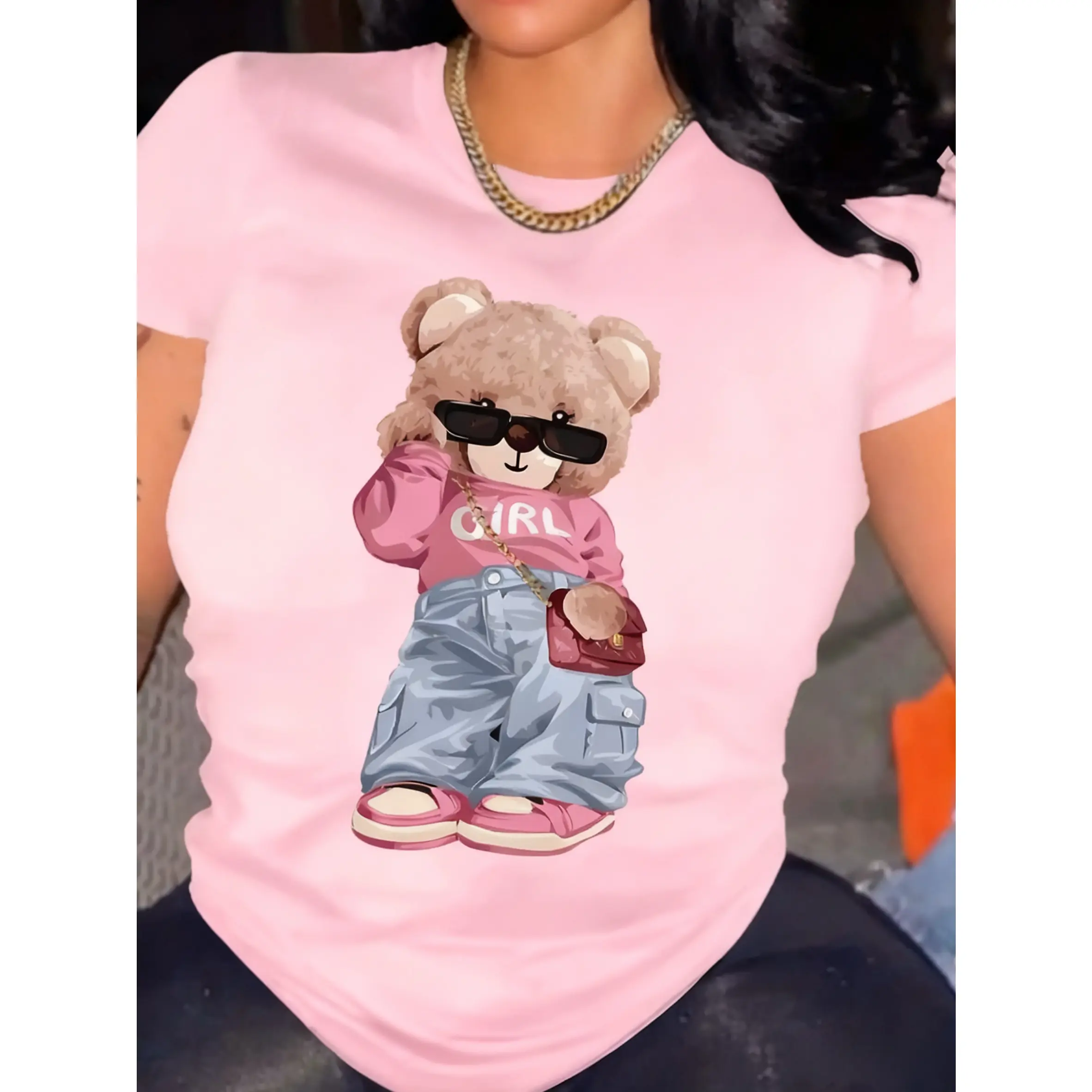 100% Cotton T-Shirt Casual Women's Fashion Cartoon Bear Pattern Print Women's T-Shirt Available in 10 Colors Fit Fabric Graphic Medium Printed Top Basic Womenswear