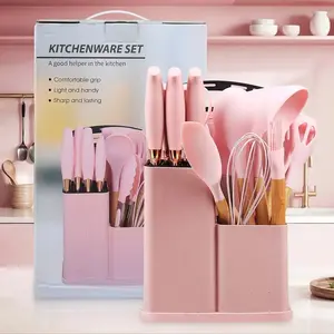 【Best Mother's Day Gifts】XBJ 19PC Pink Silicone Kitchen Utensils & Wooden-Handled Pasta-Friendly Set - Durable Nonstick Spatula, Ladle, Pots, Pans, Hanging Holes, Ideal Women's Day Gift