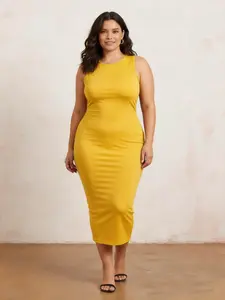 Women's Plus Size Minimalist Round Neck Sleeveless Slim-Fitting Plain Midi Dress - Lady's Spring Summer Sports Casual Clothes, No Pockets, Versatile,summervibes