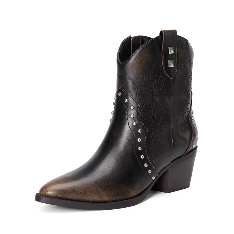 DREAM PAIRS Women's Studded Leather Ankle Boots - Ankle Height, Pointed Toe Line, Low Heel, Quick Zip On, Western Elegance Footwear for Alt Girls, Casual Party Statement Shoes, Alternative Style