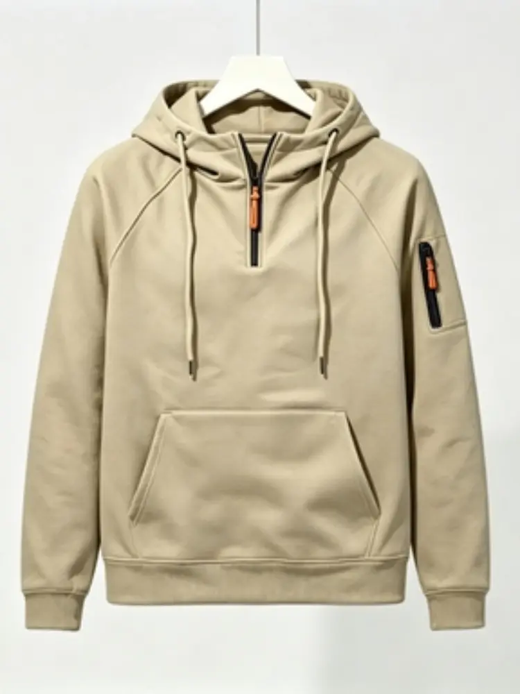 Men's Long Sleeve Half-Zip Pullover Hoodie/Jumper - Classic Solid Color Soft Fleece Zip Up Hoodie with Resin Zipper, Drawstring, Adjustable Airflow, Loose-Fit Casual Daily Top, Machine Wash, Polyester, Street, Baggy, Ribbed, Casual Ootd