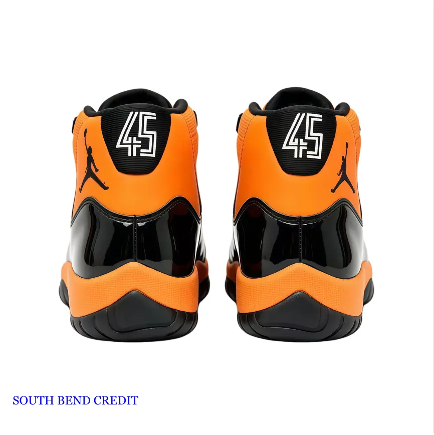 Brand-New Retro High-Top Orange & Glossy Black Unisex Sneakers (With Shoe Box) - Bright Vibrant Upper, Shiny Patent-Leather Toe, Throwback Street Kicks, Eye-Catching Collectible Footwear For Fall Outfits, Hip-Hop Meetups