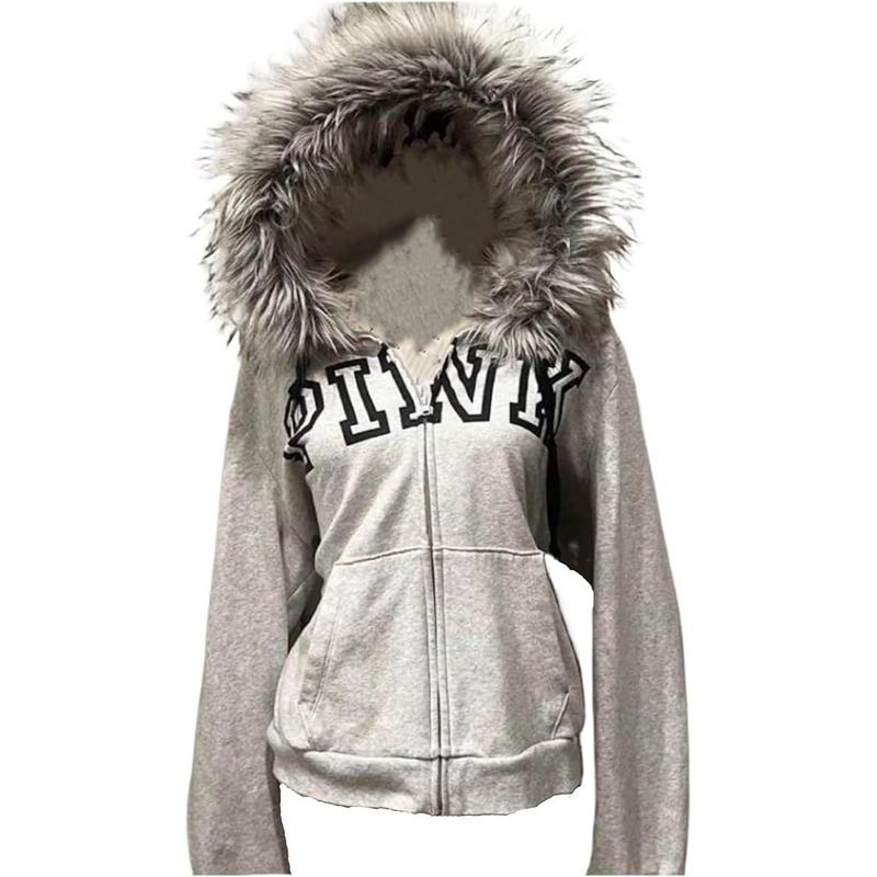 Grunge Fur Hood Zip Up Hoodie Women Teen Girls Y2k Emo Goth 2000s Sweatshirts Cute Fall Winter Crop Coats