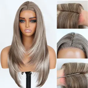 U&A Hair Mix Blonde Synthetic layered cut Lace Front  Glueless Wig Wear And Go Pre Plucked Pre Cut Straight Wig Vivid Self Growing Clean Hairline with Tiny Knots Heat Resistant Premium Fiber