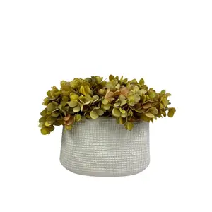 White Textured Vase With Faux Green Hydrangeas