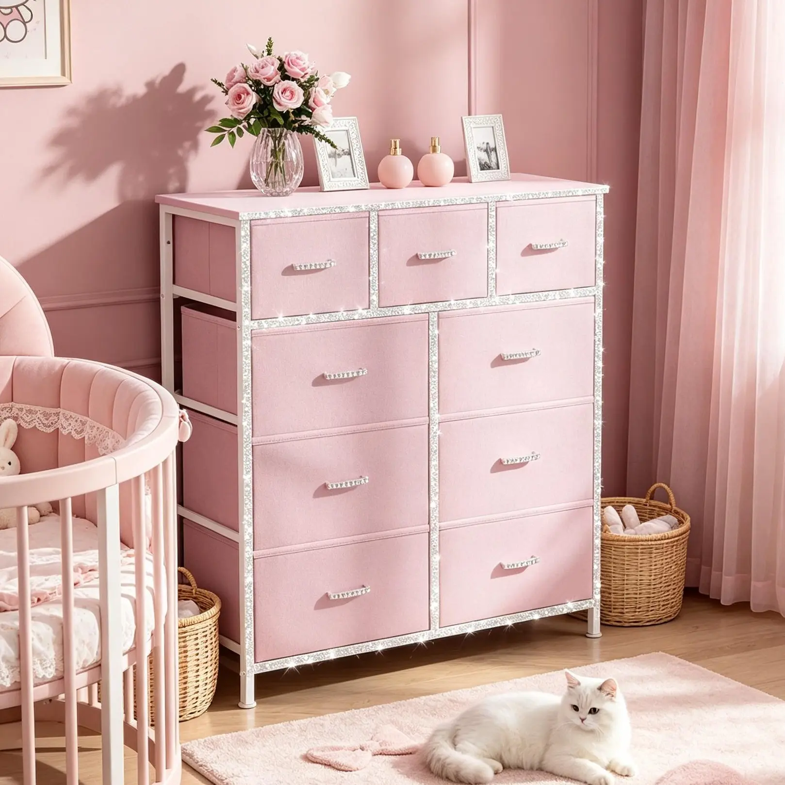 【Baby Dresser Organizer】9 Drawer Dresser for Bedroom, Changing Table Dresser with 9 Fabric Drawers, Baby Dresser with Storage for Nursery Modern Storage, Sturdy Metal Frame, Wood Tabletop for Guest Room, Closet, Entryway, Nursery