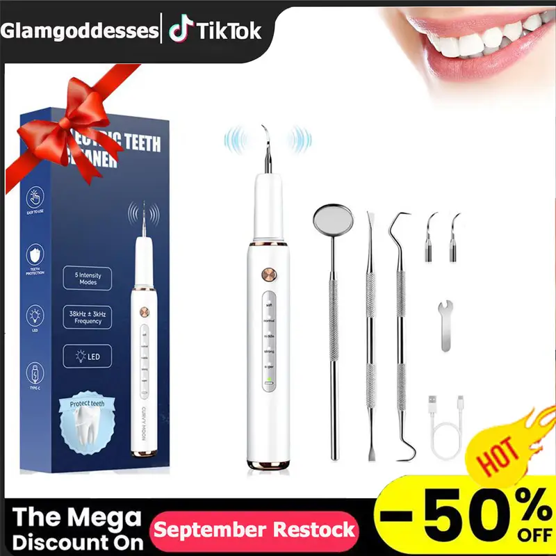 Rechargeable Ultrasonic Electric Teeth Cleaning with Replacement Heads, Dental Scaler&Oral Irrigator for Home, Tartar Remover-Cleansing Mouth Care Rem