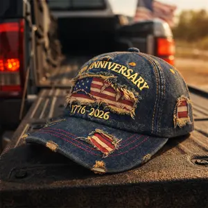 USA 250th Anniversary Vintage Baseball Cap 1776–2026, Distressed American Flag Denim Hat, Patriotic Trucker Cap, Retro Freedom Style Adjustable Outdoor Hat
