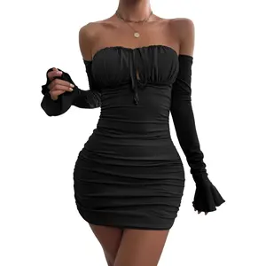 Womens dress dresses for women midi dress maxi dress mini dress Volemo Women's Sexy Off Shoulder Bodycon Mini Dress Flounce Long Sleeve Ruched Tie Front Corset Club Short Dress