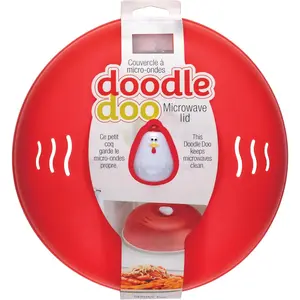 Doodle Doo Microwave Lid, Vented Splatter Cover for Even Cooking, 10-Inch Guard Fits Over Plates to Keep Kitchen Appliance Clean, , Cute Rooster Design, Red