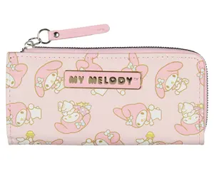 Sanrio Hello Kitty My Melody Allover Sweet Design Faux Leather Full Zip Wallet with Metal Logo Badge