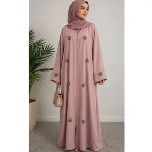 Elegant Abaya Outfit with Embroidered Stars and Belted Waist for Women Formal Casual Midi Gown in Blush Pink Modern Batik Style
