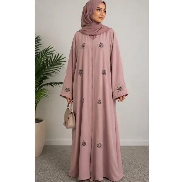 Women's Modest Islamic Embroidered Star Abaya - Blush Pink, Belted Waist, Modern Batik, Formal Midi Gown