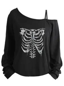 Plus Size Women's Casual Loose-Fit Long Sleeve Top, Asymmetrical Neckline Spaghetti Strap T-Shirt, Cartoon Print, All Seasons Wear
