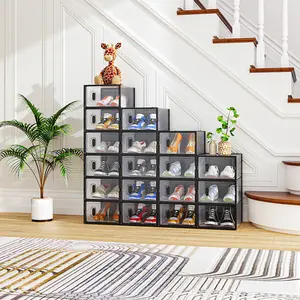 Black Small 18PCS 33x23x14cm Shoebox, Plastic, Grid, Free Combination space-saving Multi-Layer Shoe Rack organizer cabinet storage room box clear stackable shoe organizer thick transparent shoe box Household Lightweight