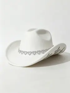 Western Cowboy Hat for Women, Fitted Plain Design, Rhinestone Heart Band, Party Accessory, All-Season Fashion Hat