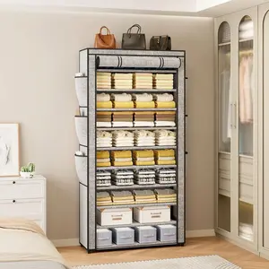 10-Tier Portable Wardrobe Cabinet, Multi-Functional Storage Organizer with Adjustable Shelves & Hanging Rod, Large Capacity Closet for Clothes & Shoes, Grey