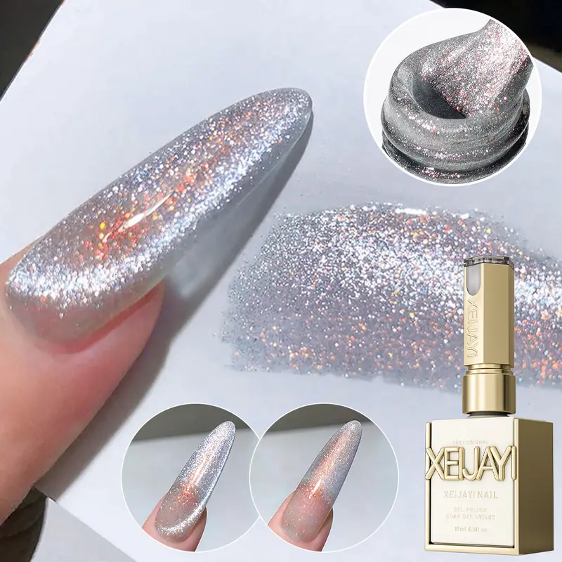 XEIJAYI Durable 15ml Liquid UV Nail Gel Polish (1PCS), TPO & HEMA-Free Snow Pear Crushed Ice Cat Eye, Flower-Inspired Bottle, Reflective Magnetic Bling Effect, Shiny Brilliant Finish, Soak-Off LED Formula for Manicure, Decorated Nails & Salon Use