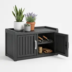 45/60 Gallon  Multi-Functional Storage Bench & Shoe Cabinet, Waterproof UV-Resistant PP – 550 lbs Capacity, Wood Grain, Detachable Shelves, Seat & Table for Home & Garden Summervibes