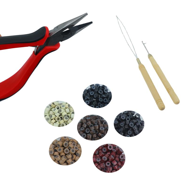 Hair Extension Tool Kit, 200pcs Micro Ring Beads & 1 Count Micro Pulling Needle & 1 Count Loop Threader & 1 Count Pliers, Professional Hair Styling Tools Accessory