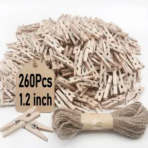 Mini Clothes Pins, 260 PCS Small Wooden Clothes Pins with Jute Twine, Clothespins, Clothes Pins for Photos Crafts DIY Project