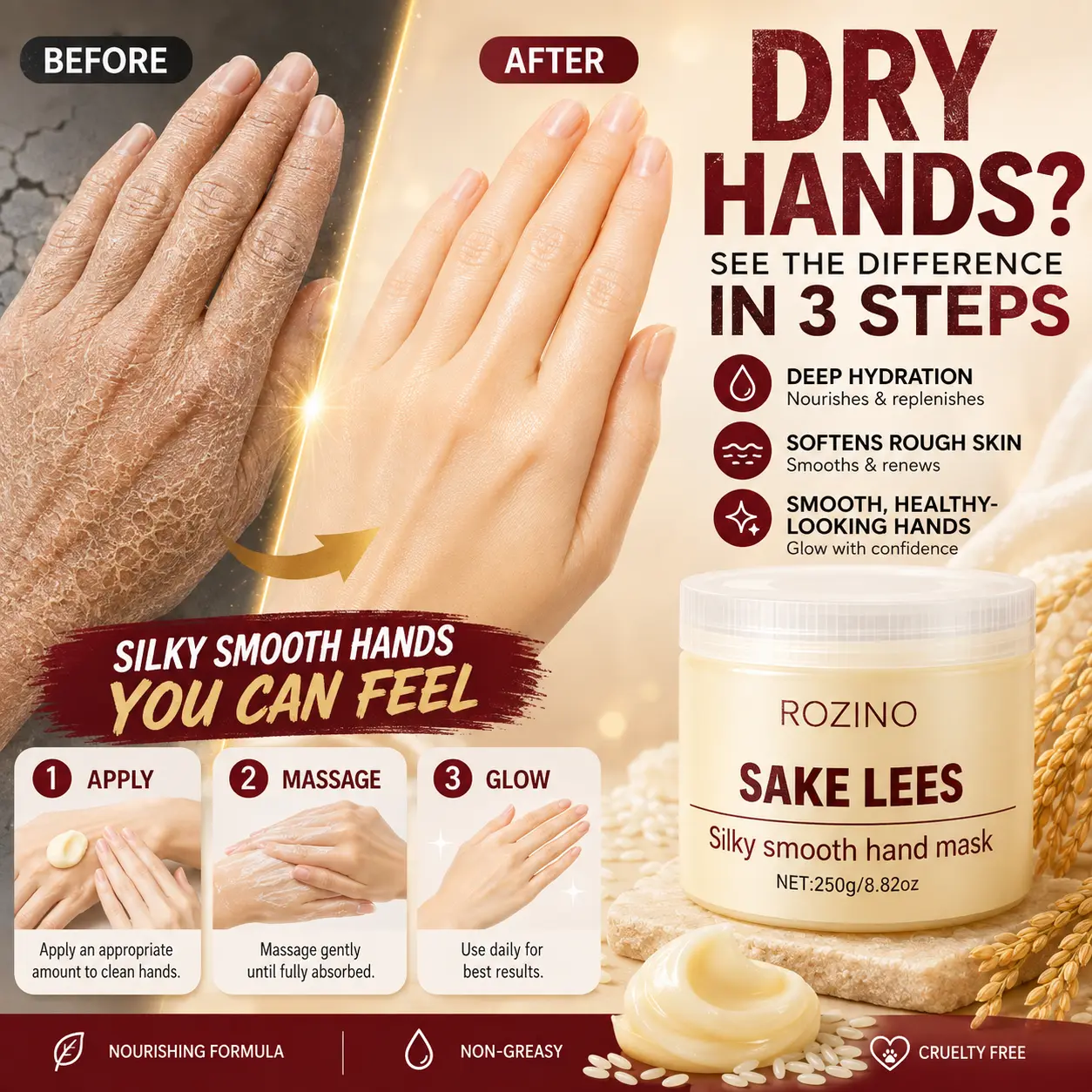 ROZINO Sake Lees Hand Mask - Hydrating Hand Mask for Dry Hands, Moisturizing & Softening Treatment, Helps Improve Roughness and Dull-Looking Skin, 280g