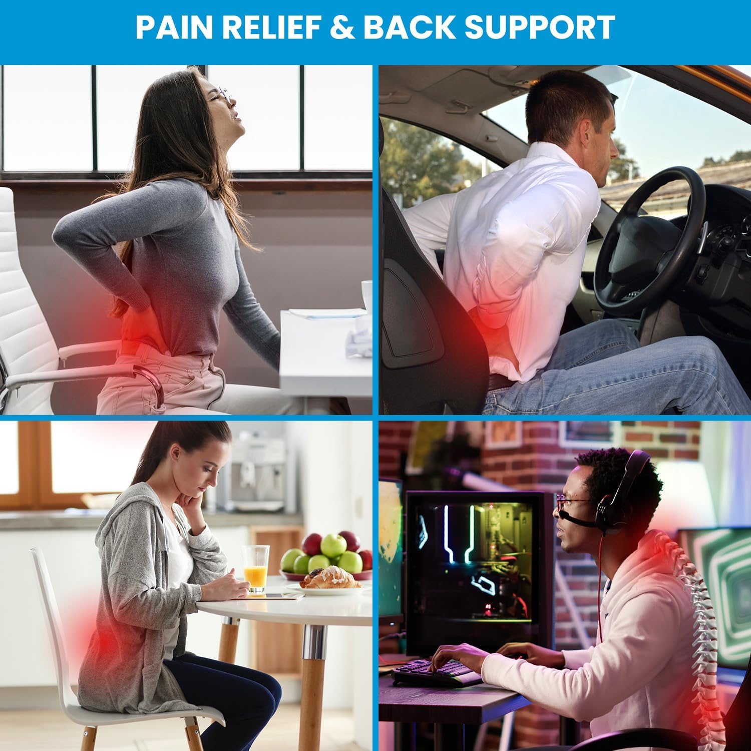 Contoured Shape Ergonomic Memory Foam Lumbar Support Cushion with Machine-Washable Mesh Cover - Durable, Spine-Aligning, Pressure-Relieving, Posture-Correcting, Stay-Put Straps for Car Seat, Office Chair - Ideal for Dads, Seniors, Mid Back Pain Relief, Gi