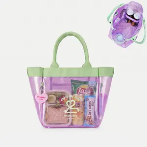 Quilted Down Bags Waterproof Clear Mesh Tote Bag Transparent Jelly Handbag with Inner Zipper Pocket & Bottle Straps for Beach Pool Picnic