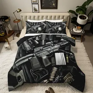 Black Gun Kids Comforter Set,Firearm Small Arms Bullet War Theme Bedding Set,Boys Girls Room Decor,Western American Weapon Down Comforter,Modern Fashion Duvet Insert