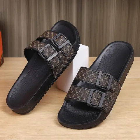 Men's Fashionable PU Leather Slides, Slipper Sandals, Casual Comfortable Home Slippers, Beach Slippers for Daily Wear