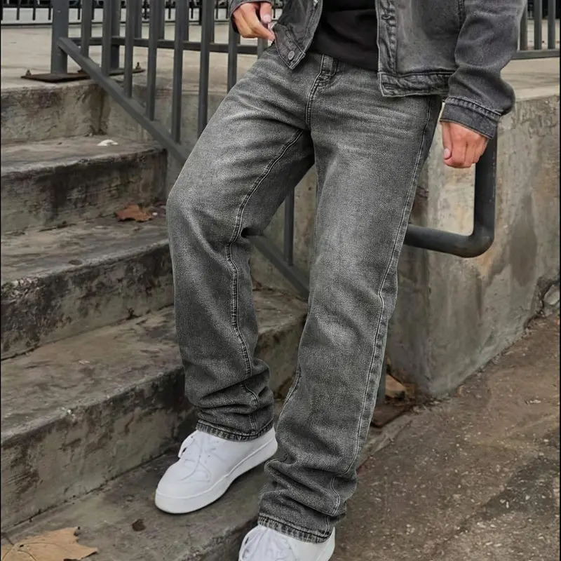 Straight Leg Denim Jeans Cotton Slant Pockets Washed Jean, Casual Versatile Wide Leg Jeans, Couple Matching Straight Fit Loose Fit