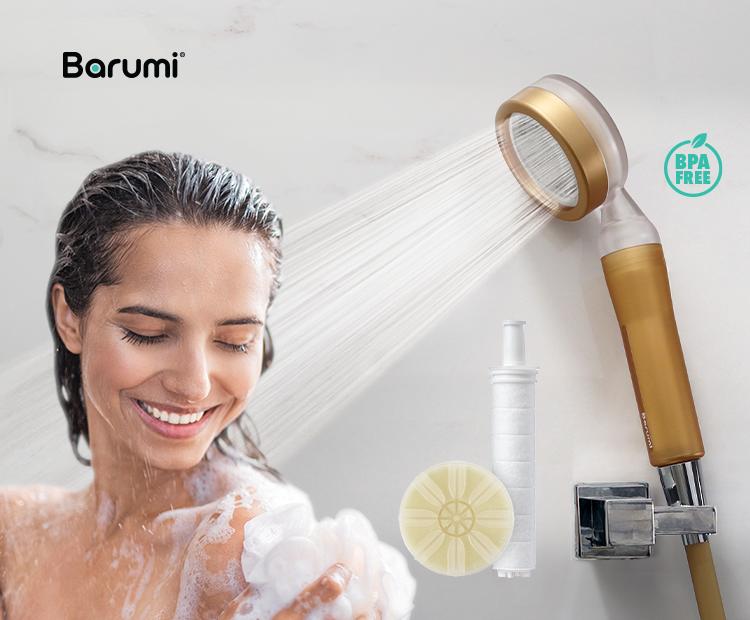 Barumi Pluo Handheld Filtered Shower Head - Gold Finish, Vitamin C Filter for Healthy Skin & Hair, High Pressure Soft Spray, Dual Filtration Removes Chlorine & Impurities, Gentle Shower for Pets
