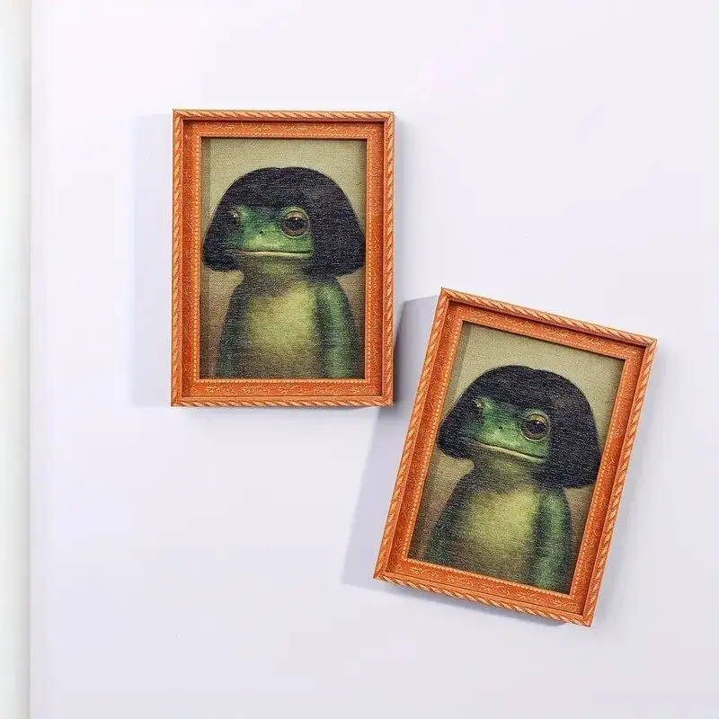 Vintage Bob Haircut Frog Art Wooden Refrigerator Magnet - Cute Oil-Painted Toad Decor with Wood Frame, Whimsical Vintage Home Decor for Refrigerator, Locker, Room Decor