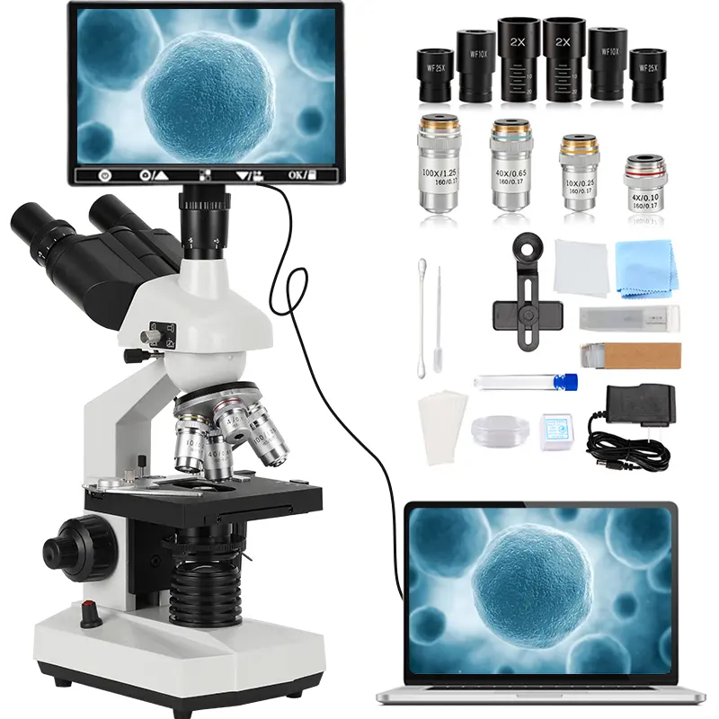Laboratory-Grade Trinocular Microscope, 40X-5000X Magnification, Dual Mechanical Stages, 9-in Smart Screen, Computer Connectivity, Precision Lens, Analysis Capability, for Adult Students, Versatile Use for Observation of Bacteria & Mites