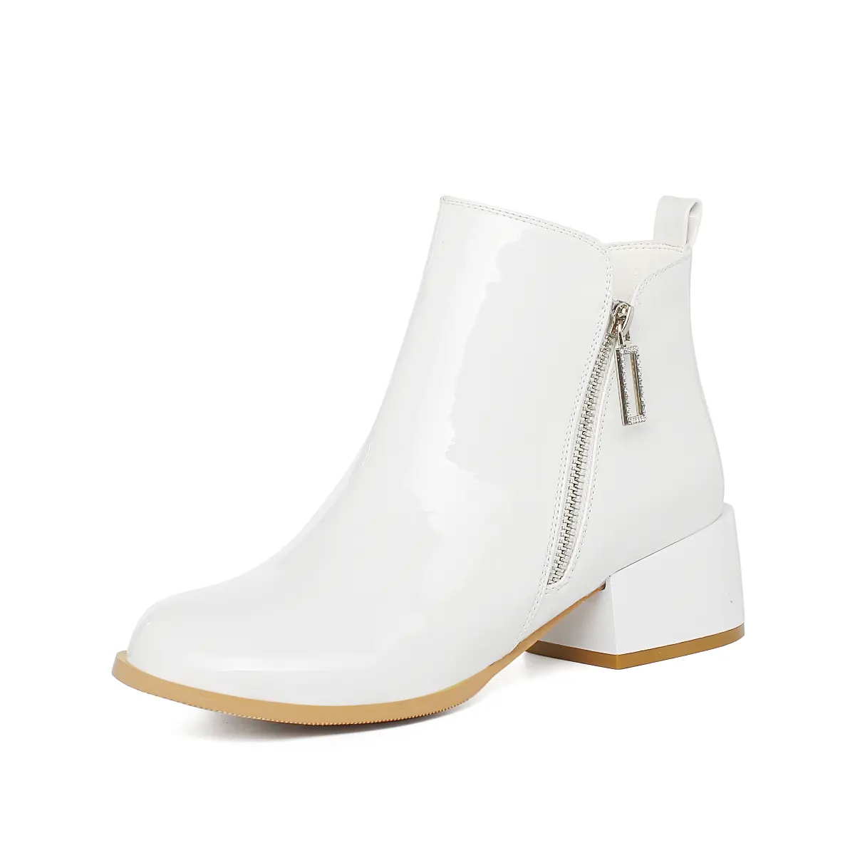 Womens Patent Leather Booties Chunky Block Mid Heel Ankle Boots with Side Zipper Round Toe Dress Short Boots Girl Girl Walking Shoes Footwear Soft Comfort Stylish