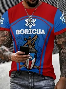 Men's Casual Summer T-Shirt, Puerto Rican Theme Print, Perfect for Daily Wear and Vacation, Fitted Long Sleeve Tee, Menswear