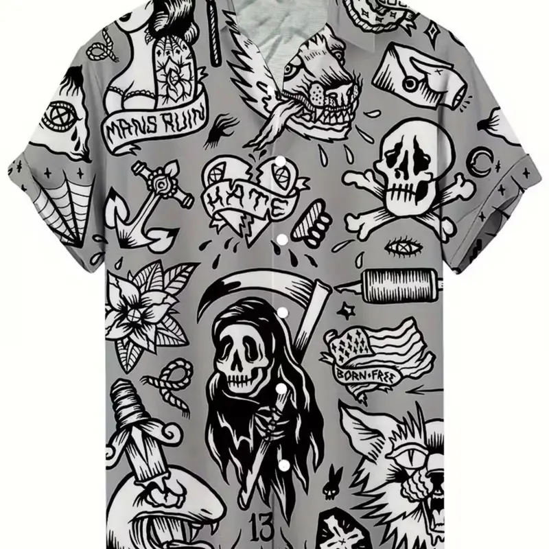 Vintage Pirate Pattern 3D Print Casual Printed Men's Collared Shirt, Casual Hip-Hop Rock Streetwear Fashion Shirt, Short Sleeve Slim Fit Blouse, Summer Hawaiian Tropical T-Shirt