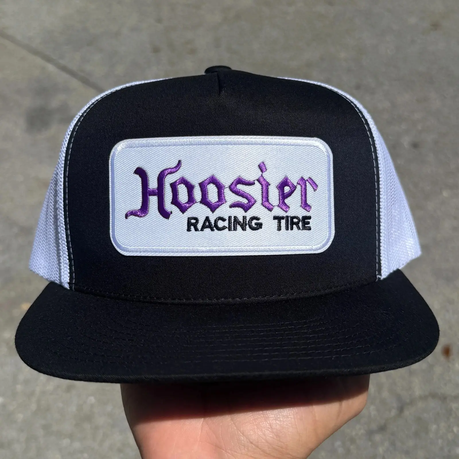 Hoosier Racing Tire Embroidered Patch Trucker Hat, Black and White Mesh Back Snapback Cap, Flat Bill Racing Hat, Motorsport Gift for Men