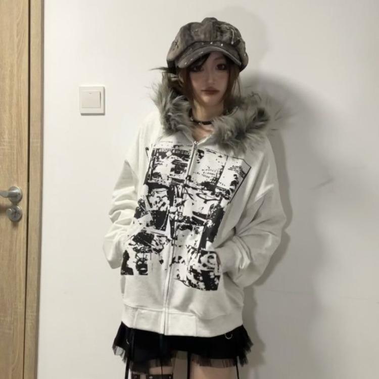 Harajuku Fur Patchwork Hooded Hoodies Men and Women Y2k Aesthetic Loose Pocket Streetwear Hoody Grunge Zipper Casual Sweatshirts